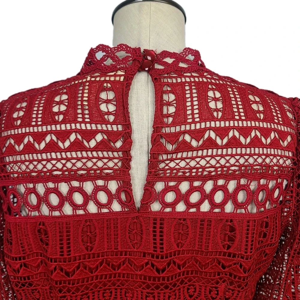 Moulinette Soeurs Anthropologie Red Crochet Lace Peplum Blouse Romantic Boho‎ 10